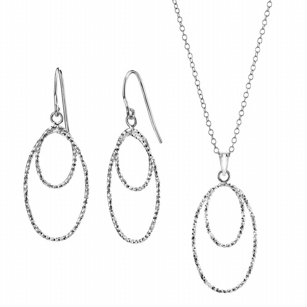 NEW GOLD & HONEY women's double oval diamond cut pendant necklace and drop earri